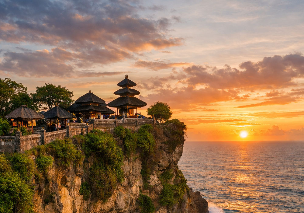 Temple d.Uluwatu au coucher du soleil, falaises de Bali